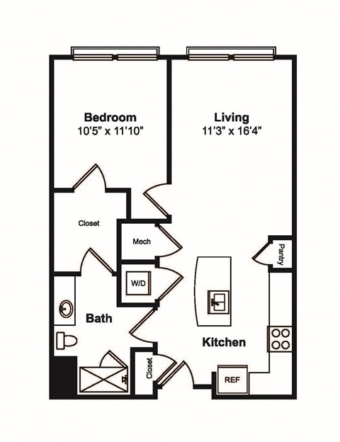 Floor plan for 1 bed, 1 bath, 743 sqft